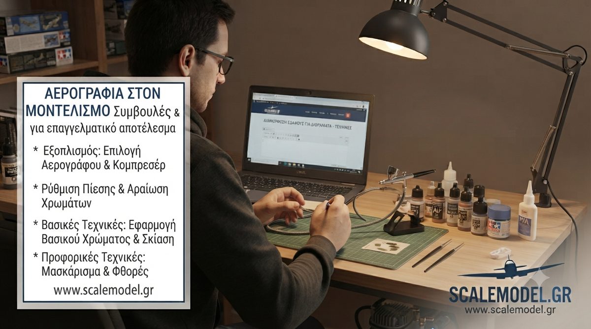Μοντελιστής στον πάγκο εργασίας με αερογράφο, χρώματα και υλικά αραίωσης