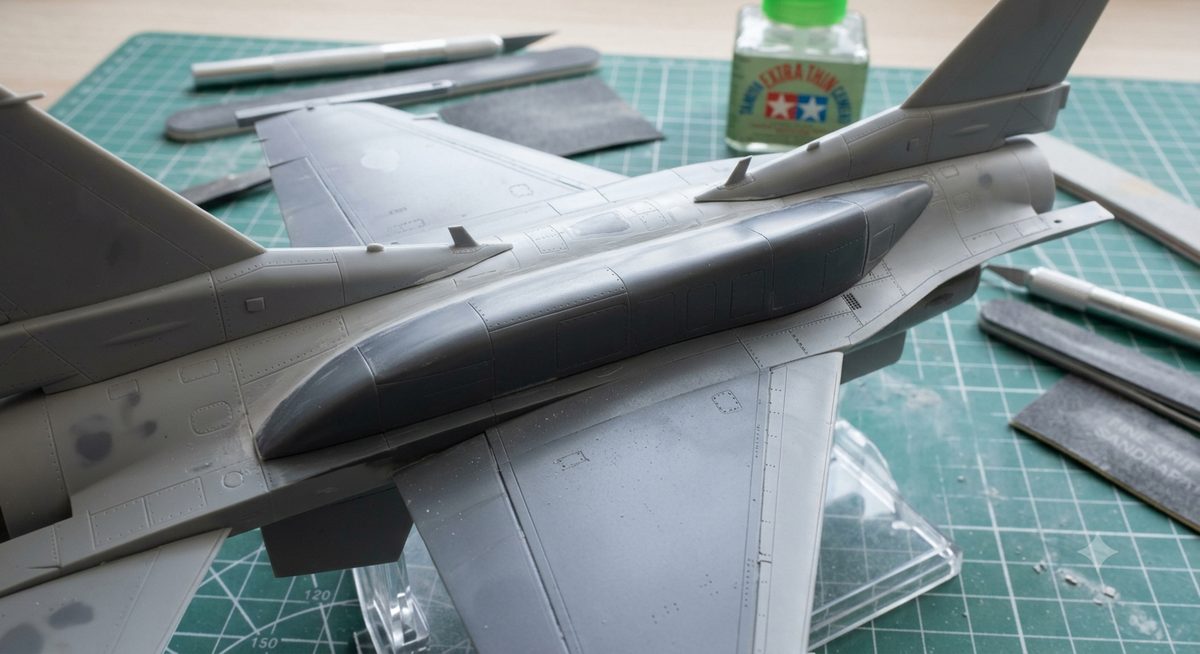 Λεπτομέρεια των Conformal Fuel Tanks (CFTs) στη ράχη μοντέλου F-16 της Πολεμικής Αεροπορίας, με κόλλα Tamiya Extra Thin