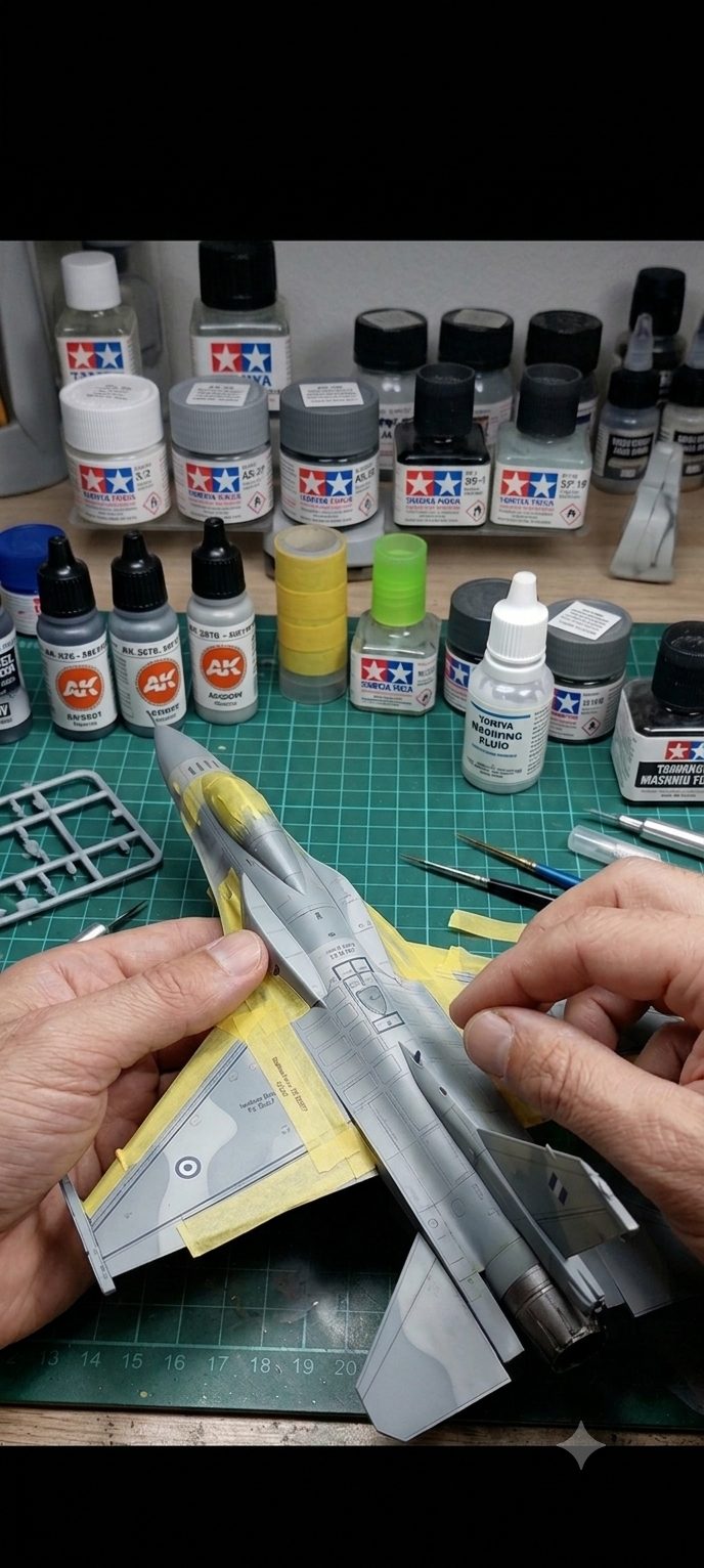 Μασκάρισμα με κίτρινη ταινία Tamiya σε μοντέλο F-16 της Πολεμικής Αεροπορίας κατά τη βαφή της παραλλαγής Aegean Ghost
